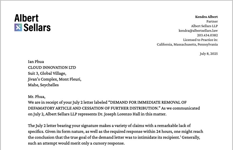 A formal legal cease and desist letter from Albert Sellars LLP on behalf of Cloud Innovation Ltd.