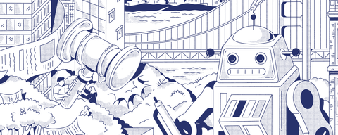 Blue-and-white illustration of Berkeley landmarks surrounded by symbols of law and technology, including a robot, gavel, scales, drone, lightbulb, and flying papers.