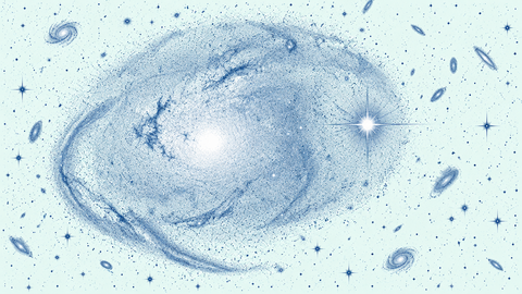 Panoramic blue-line artistic illustration of 3C 186, a quasar displaced from the center of its host galaxy. A vast, diffuse elliptical galaxy fills most of the frame, its bright stellar center surrounded by delicate, cross-hatched shells and faint, asymmetric arcs of stars and dust. Far to the right of the galactic center, an intensely bright, star-like quasar shines with long diffraction spikes. Numerous small spiral galaxies and scattered stars appear against a pale mint background.