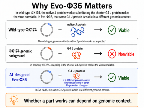 Three-panel diagram comparing phage viability: wild-type ΦX174 with its native J protein is viable; substituting the shorter G4 J protein into the ΦX174 genomic background is nonviable; and AI-designed Evo-Φ36 with the same G4 J protein is viable in a different genomic context.