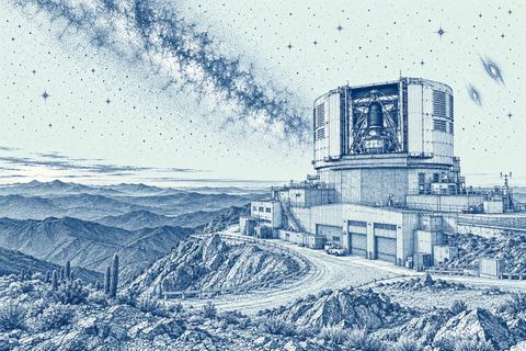 Panoramic blue-line illustration of the NSF–DOE Vera C. Rubin Observatory atop Cerro Pachón in Chile. On the right, the observatory's large cylindrical enclosure stands open, exposing the telescope's structural framework. Multi-story support buildings, staircases, railings, and service vehicles occupy the rocky summit. A winding access road passes through rugged desert terrain with shrubs and cacti. Layered Andean mountains stretch across the horizon beneath a star-filled sky and the densely stippled band of the Milky Way.