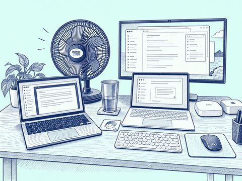Blue line illustration of a recovery-test desk with two laptops, a large display, keyboard, mouse, and fan.