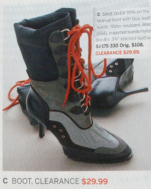An image of a half-high-heel, half-snowboot... a ridiculous shoe!